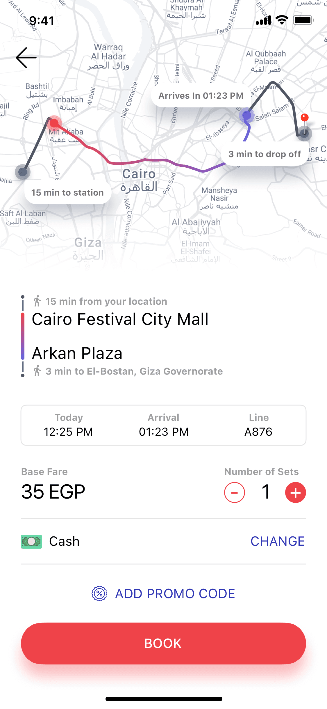 Swvl trip confirmation screen with route map, fare, and book button